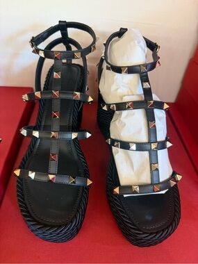 Valentino Garavani Black Studded Multi-Strap Espadrille Sandals